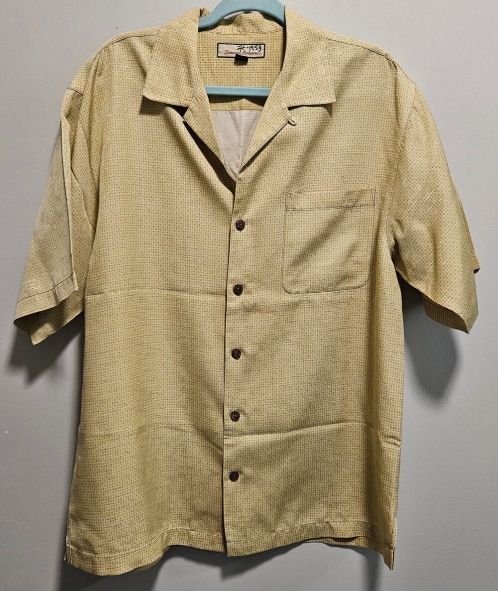 Men's Tommy Bahama Yellow Checkered Dress Shirt Button Down SS Size M